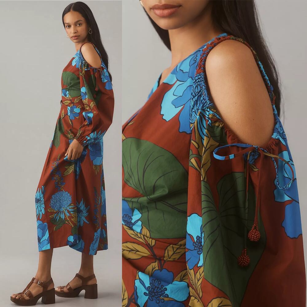 NWT Anthropologie Farm Rio Long Sleeve Floral V Neck Cut Out Midi Dress XXS - Picture 2 of 16